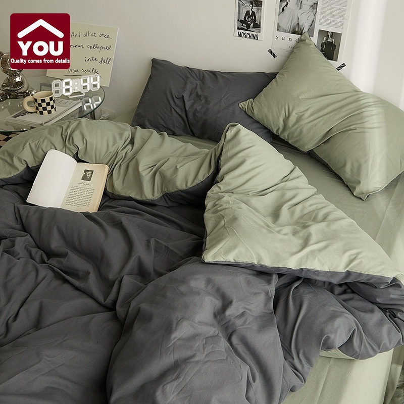 【YOU】ผ้าฝ้าย 100% ผ้าปูที่นอนสีพื้น set 4 ☁  สไตล์ญี่ปุ่น ปลอกหมอน, ผ้าปูที่นอน ผ้าห่มนวม นุ่มสบายผิว ขนาด 3/5/6ฟุต