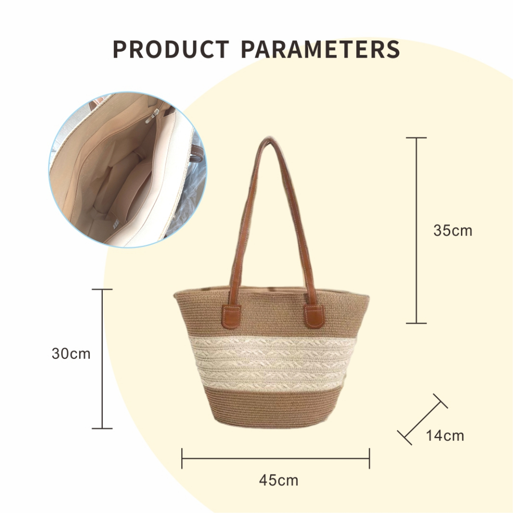 กระเป๋าถักจากฟางสำหรับวันหยุดในฤดูร้อน ความจุขนาดใหญ่ สไตล์แฟชั่นปัจจุบัน เหมาะสำหรับเดินเล่นที่ชายหาดและช้อปปิ้งแบบสบายๆ - รูปที่ 3