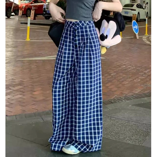 Laterme S-4XL กางเกงลำลองผู้หญิง กางเกงขายาวทรงกระบอก ลายสก็อต เอวสูง