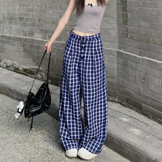 Laterme S-4XL กางเกงลำลองผู้หญิง กางเกงขายาวทรงกระบอก ลายสก็อต เอวสูง