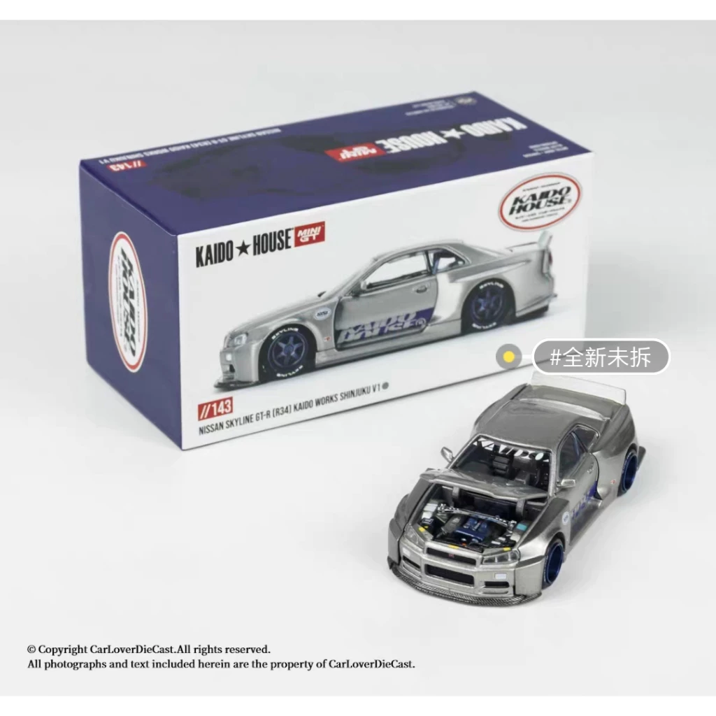 KAIDO HOUSE & MINIGT 1:64 Nissan Skyline GTR R34 สีเงิน 143 โมเดลรถอัลลอย ใหม่เอี่ยมยังไม่ได้เปิด