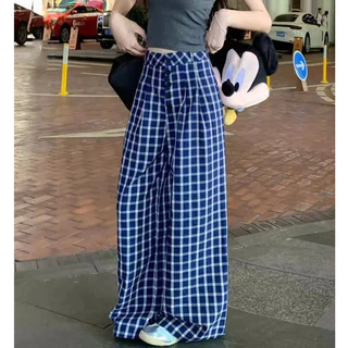 Laterme S-4XL กางเกงลำลองผู้หญิง กางเกงขายาวทรงกระบอก ลายสก็อต เอวสูง