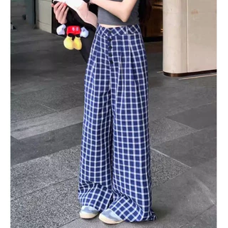 Laterme S-4XL กางเกงลำลองผู้หญิง กางเกงขายาวทรงกระบอก ลายสก็อต เอวสูง