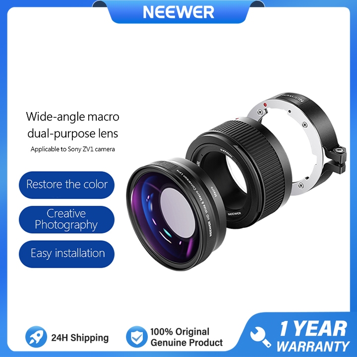 เลนส์มุมกว้าง NEEWER LS-18 เข้ากันได้กับกล้อง Sony ZV1, มุมกว้าง HD 2 in 1 18 มม. และเลนส์เพิ่มเติมมาโคร 10x พร้อมหลอดขยาย, อะแดปเตอร์เลนส์ Bayonet Mount, ผ้าทําความสะอาด