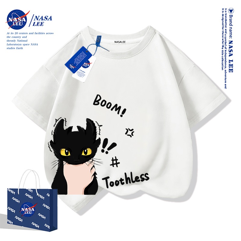 【จัดส่งทันที】เสื้อยืด NASA ผ้าฝ้าย ทรงหลวม ลายมังกรน้อย แมวน่ารัก ระบายอากาศดี สไตล์ไทย