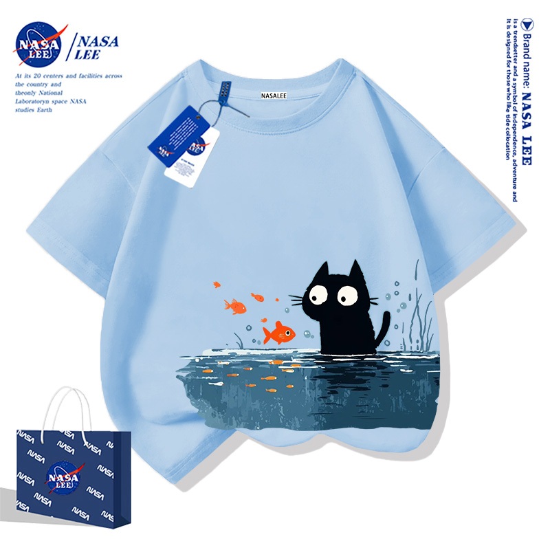 【จัดส่งทันที】เสื้อยืด NASA ผ้าฝ้าย ทรงหลวม ลายแมวน้อยซน ซึบซับเหงื่อ ระบายอากาศดี แบบไทย