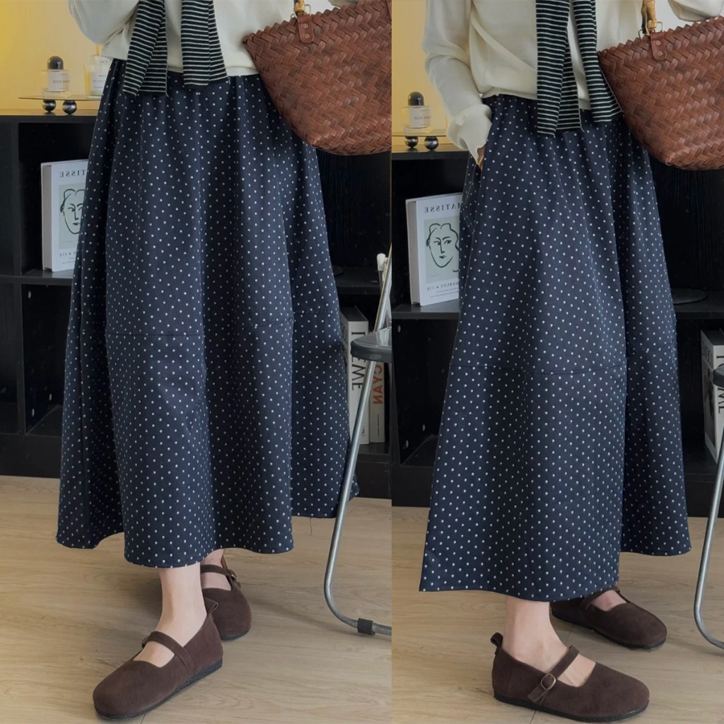 กระโปรงลายจุด POKADOT SKIRT ระโปรงยาวลายจุด สีขาว ดำ เอวสูงดูผอม มีกระเป๋า  S-XXXL
