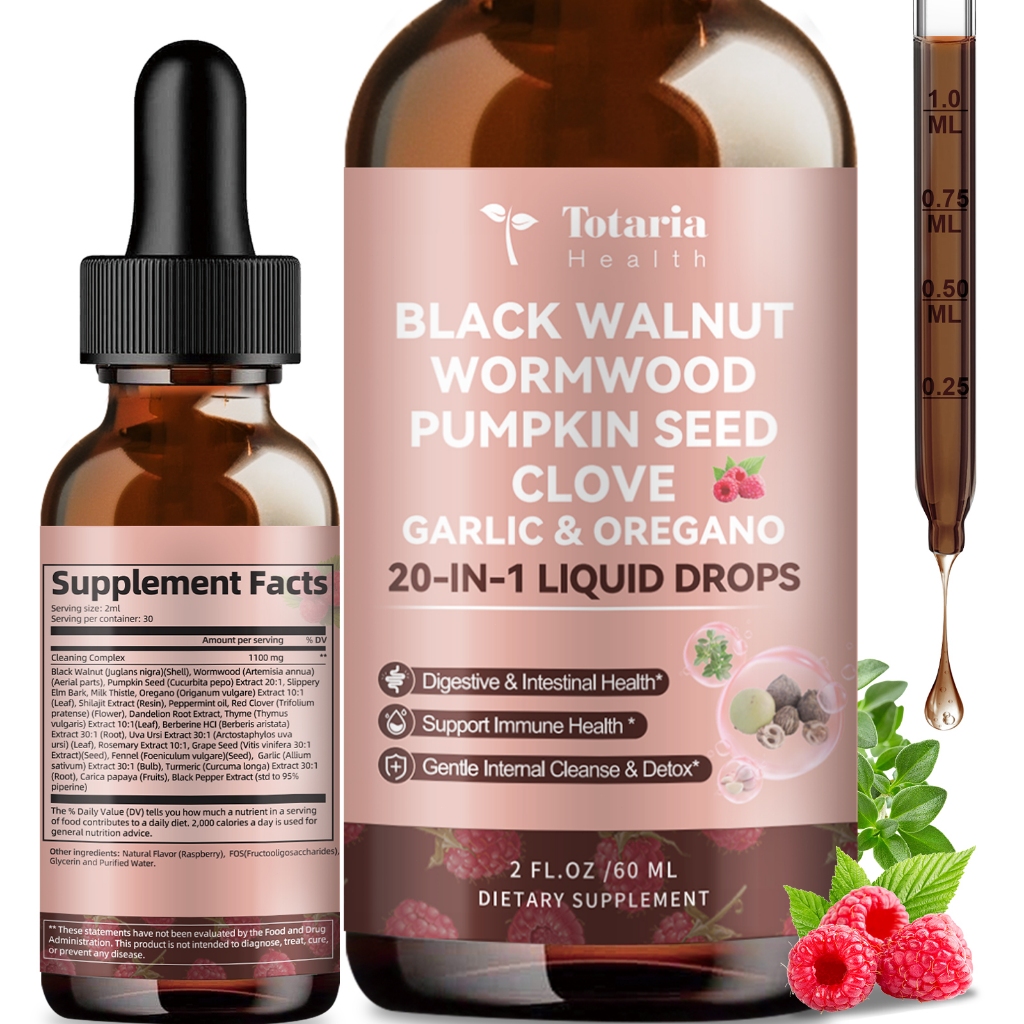 Totaria 20 in 1 Black Walnut Wormwood Tincture - Clove,Pumpkin Seed,Garlic,Oregano - Gentle Gut Cleanse & Digestive Health