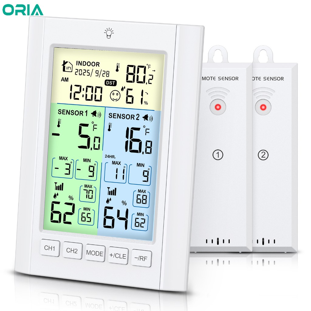 ORIA เครื่องวัดอุณหภูมิตู้แช่แข็งไร้สายนาฬิกาปลุกเครื่องวัดอุณหภูมิตู้เย็นพร้อมบันทึกข้อมูลสูงสุด/นาทีและเครื่องส่งสัญญาณ 2 ชิ้นสําหรับห้องครัวบ้านร้านอาหาร