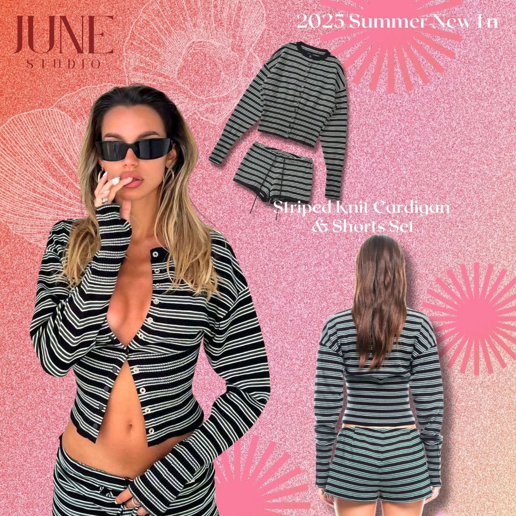 [June Studio] ยุโรปอเมริกันย้อนยุคสาวร้อนลายคมชัดสีSlim-fit Slimmerดูถักคาร์ดิแกน+กางเกงขาสั้นชุดสอง