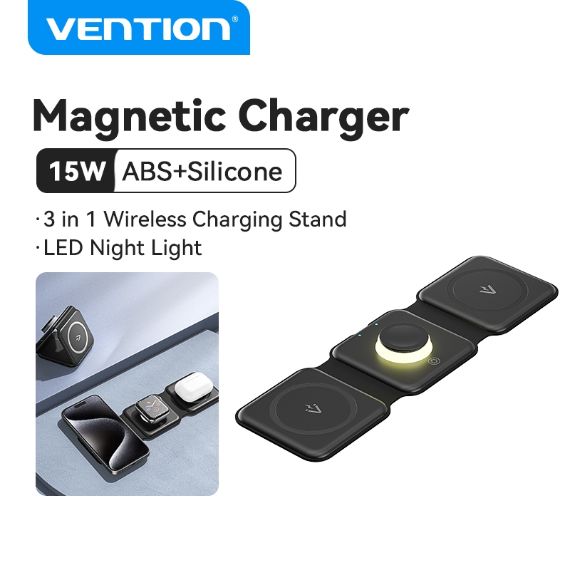 Vention 3 in 1 MagSafe Charger 15w Fast Charging Stand Dock Magnetic Charger สําหรับ iPhone 15 14 13 iWatch Airpods HuaWei XiaoMi samsung Wireless Charger