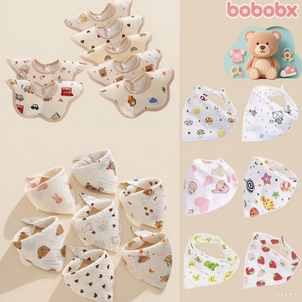 ผ้ากันเปื้อนเด็ก 100% ผ้า(Cotton) - ผ้ากันเปื้อนสามเหลี่ยมสำหรับทารก ไซส์แรกเกิด - ดีไซน์การ์ตูนน่ารัก สำหรับทารกและเด็กเล็ก