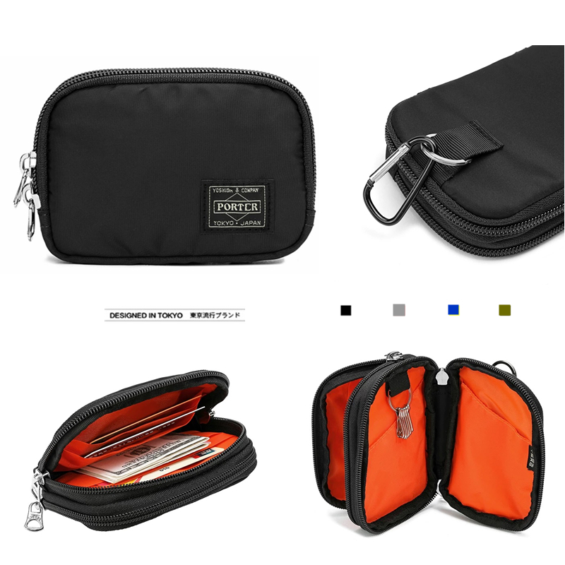 YSD[4 สี] แฟชั่นผู้ชาย Halter Double-Layer Key Case ญี่ปุ่นกระเป๋าคลัทช์หูฟังกระเป๋าเก็บไนลอน Water-Repellent Card Holder
