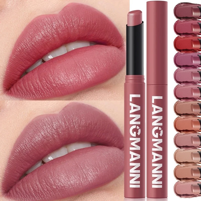 12 สี Matte ลิปสติก Non-Stick Cup Long-Lasting Velvet Finish ลิปสติกปากกา Smooth Matte Lip Color กันน้ํา Non-Fading