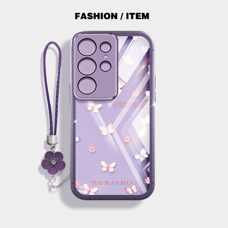 SAMSUNG VRQRเคสโทรศัพท์สําหรับSamsung Galaxy S24 S25 Plus S24 S25 Ultra S24 S25 FE S25 Edge S24 + S25 + ปลอกผีเสื้อดอกไม้เชือกแขวนClearกันกระแทก