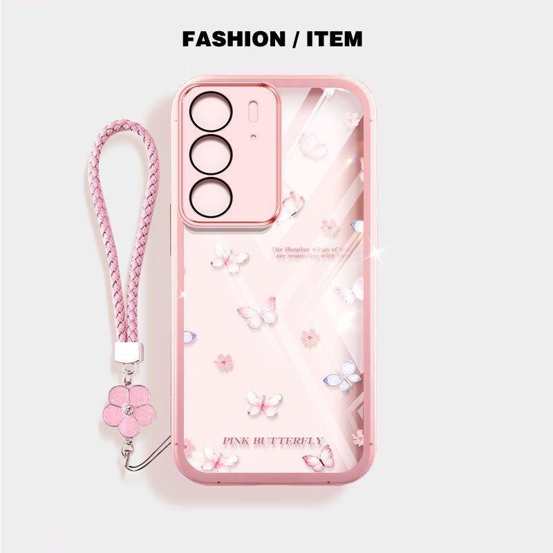 VRQR เคสโทรศัพท์สําหรับ Oppo Realme C85 C71 C75X C75 C65 C55 4G Narzo N55 ปลอกผีเสื้อดอกไม้เชือกแขวน