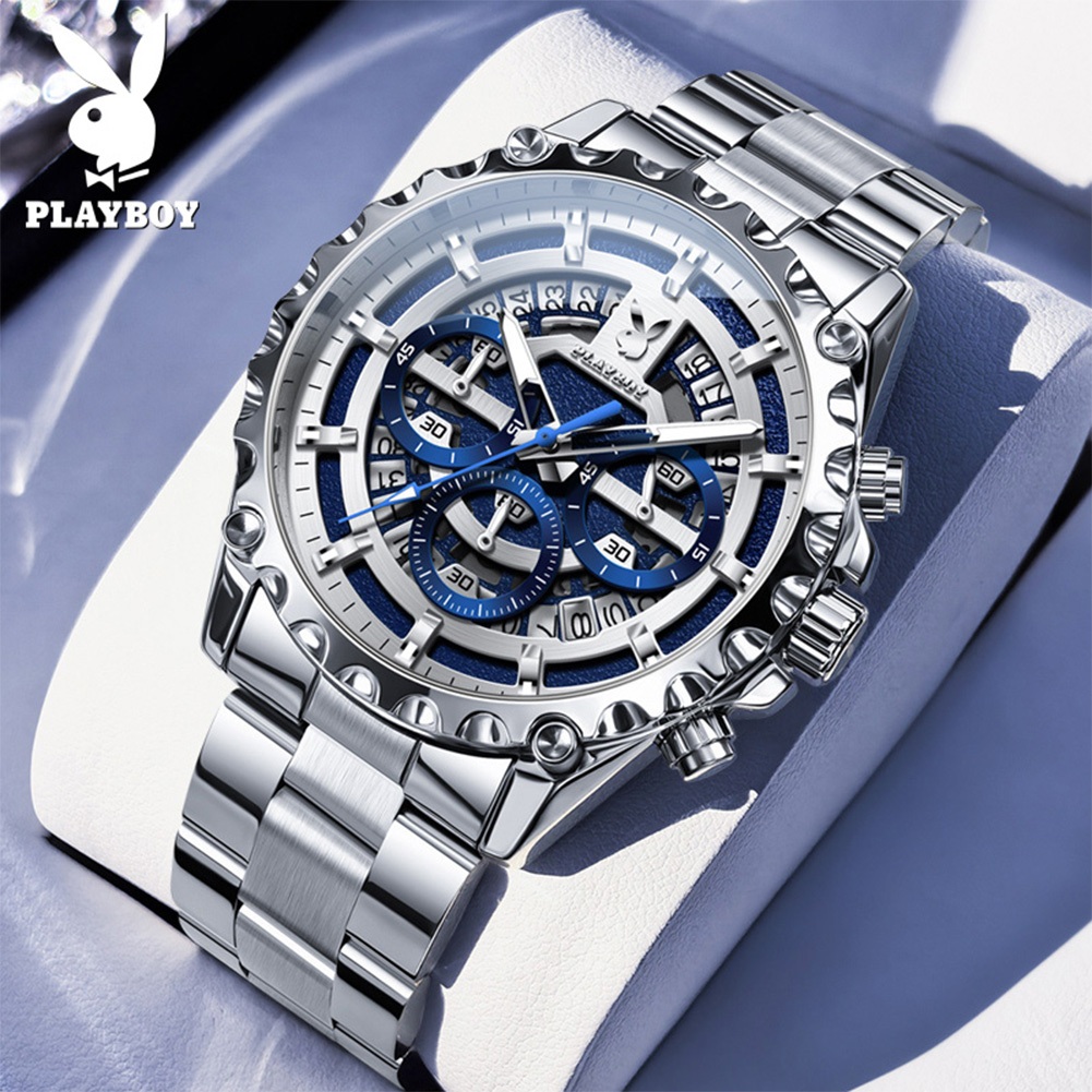 PLAYBOY นาฬิกาข้อมือผู้ชาย แท้ 100% นาฬิกาสแตนเลส กันน้ำ นาฬิกาธุรกิจแฟชั่น มัลติฟังก์ชัน สีน้ำเงิน นาฬิกาควอตซ์ 3521 สินค้า