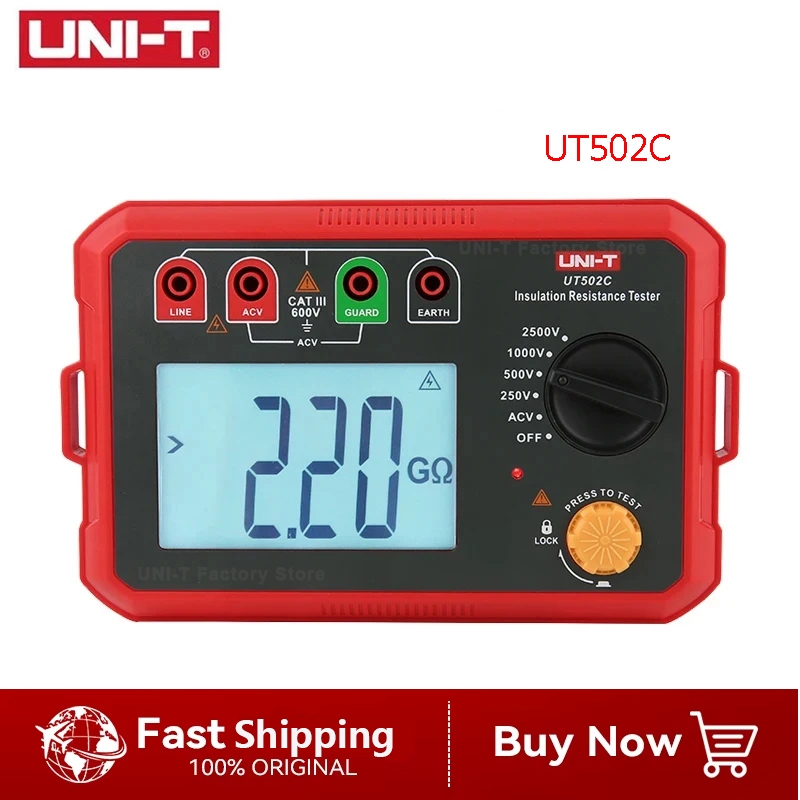 UNI-T UT501A UT502A 100V-2500V Grounding Resistance Meter ช่วงอัตโนมัติ 5G Ω~25G Ω Ohm 1000V เครื่อง