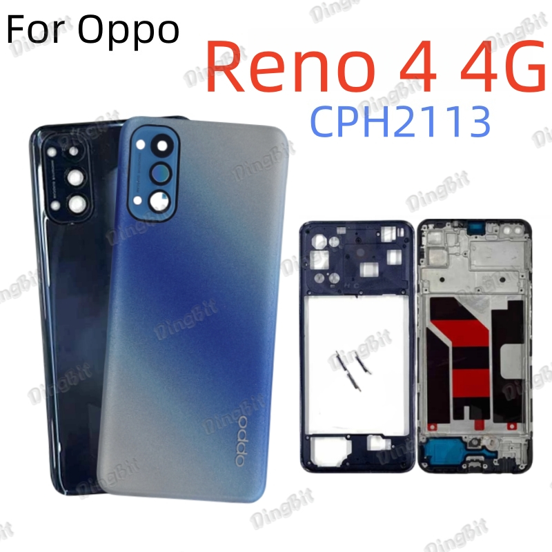 สําหรับ OPPO Reno 4 4G CPH2113 ฝาหลังแบตเตอรี่กรอบ LCD กรอบกลางพร้อมเลนส์กล้องด้านหลังกรณีฝาครอบปุ่มด้านข้าง