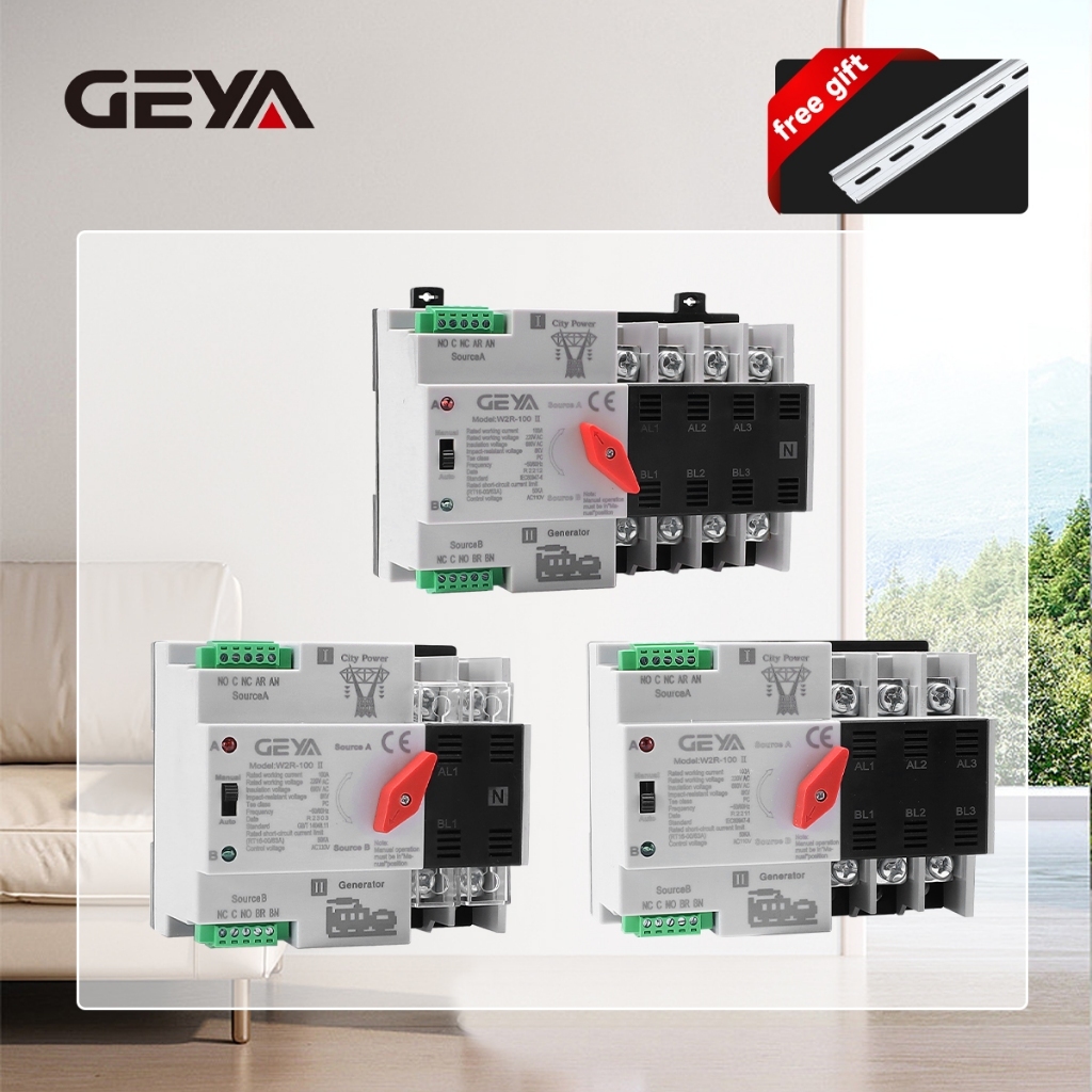 GEYA W2R ATS 220V 2P 3P 4P PC Dual Power สวิตช์โอนอัตโนมัติ 63/100A พลังงานในครัวเรือน 50/60Hz