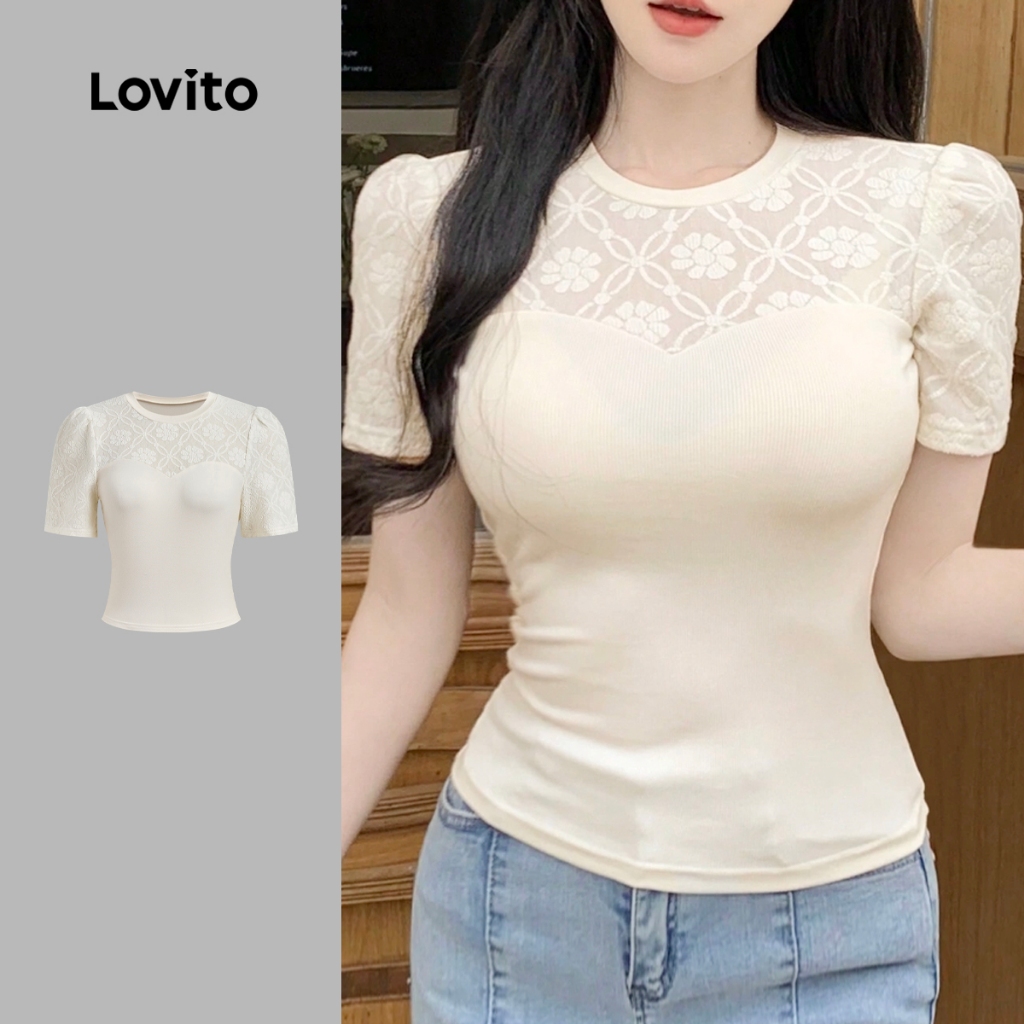 (New) Lovito เสื้อยืดผ้าหรูหราสำหรับผู้หญิง ดีไซน์ผ้าต่อเย็บในฤดูใบไม้ผลิ/ฤดูร้อน สีแอปริคอท L143EDD