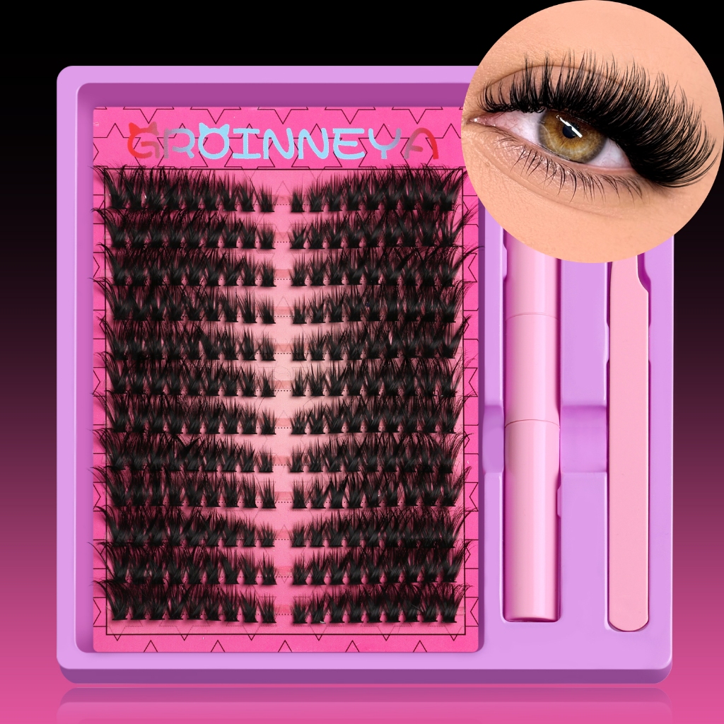 GROINNEYA Clusters Lash kit Cat Eye Lashes Extension Kit DIY ผสมความยาว Lash Bond และ Seal และแหนบแต่งหน้าชุด