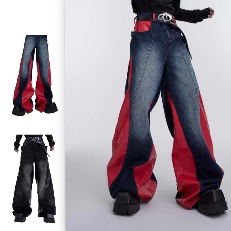 KYUSHUAD Heavyweight Niche Retro ล้างเย็บ Contrast PU หนังกางเกงยีนส์ Deconstructed Design หลวม