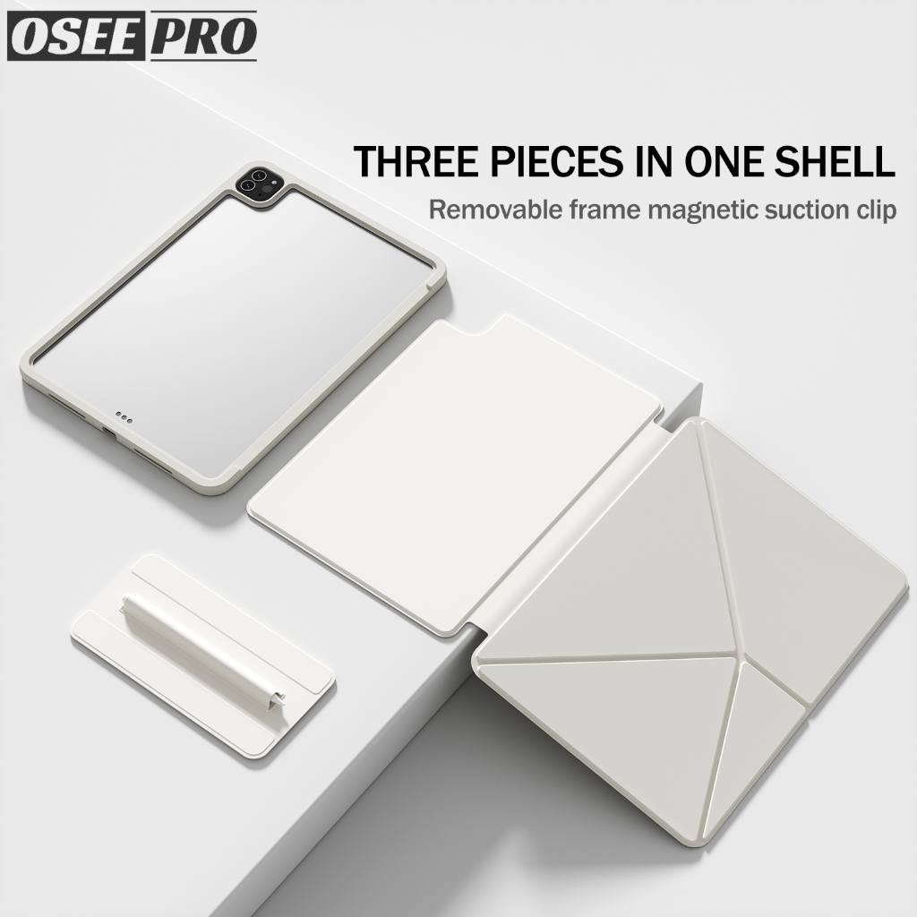 Osee Pro K Fold Hollow Frame iPad Case สําหรับ iPad M2/M3 Air 6 Air 7 (11นิ้ว) 2024/2025 air 4 ไอแพด air 5 Air 13 นิ้ว Pro 13 pro 2 3 4 5 11 นิ้ว เคสไอแพด gen 10th 11th A16 กรอบถอดได้, แม่เหล็กดูดคลิปสองด้านพร้อมแม่เหล็กดูดที่ถอดออกได้ปากกากระเป๋า