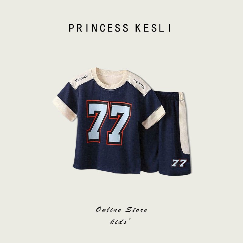 Princess Kesli ชุดเช็ทเด็กชายแฟชั่น เสื้อยืดแขนสั้น+กางเกงขาสั้น พร้อมลายตัวอักษร สไตล์สปอร์ต1-12 ปี