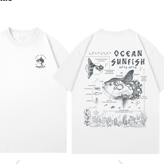 Flip Fish Mola สัตว์ทะเลบนเสื้อยืดแขนสั้น ผ้าฝ้ายแท้ สำหรับทั้งผู้ชายและผู้หญิง