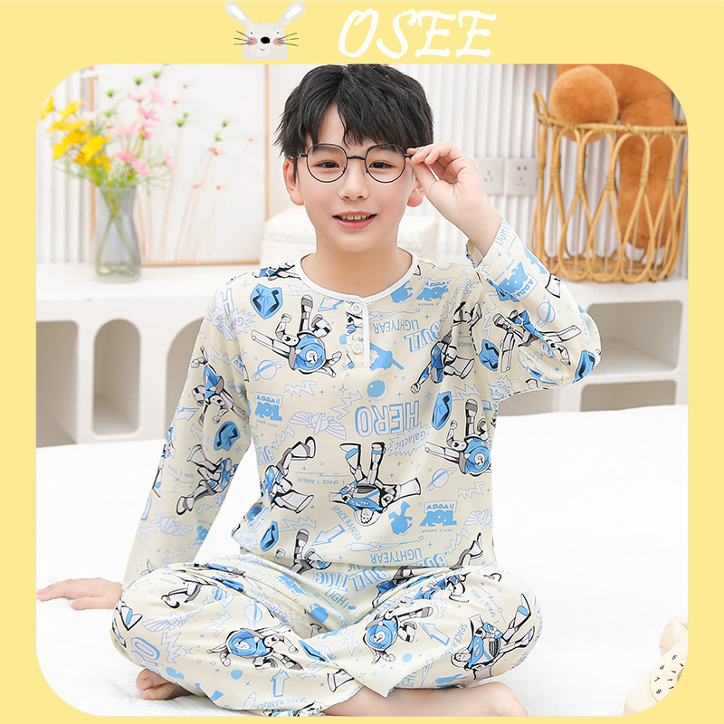 [Osee] ชุดนอนผ้าฝ้าย ผ้าไหม แขนยาว คอกลม ขนาดกลาง และขนาดใหญ่ 95-170 ซม. สําหรับเด็กผู้ชาย