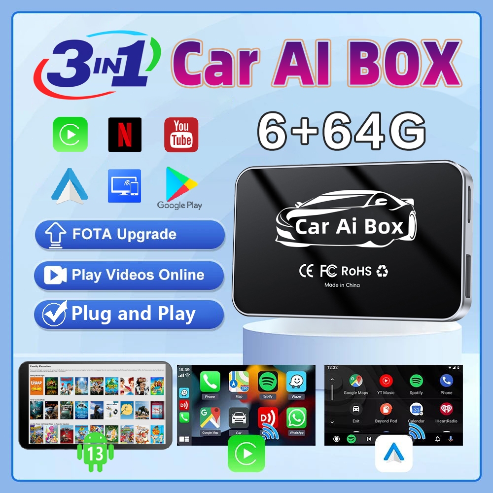 6+64G Wireless CarPlay AI Box Carplay Car ai Box android Video Wired to Wireless CarPlay Adapter Android Auto & Apple CarPlay Dongle อะแดปเตอร์กล่องทีวีรถยนต์