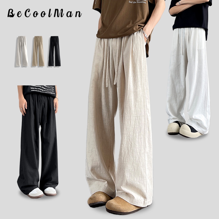 💥BECoolMan💥 สําหรับผู้ชาย กางเกงขายาวลำลอง เอวยางยืด กางเกงขายาววินเทจสไตล์ญี่ปุ่น ผ้าไอซ์ซิลซ์ คลาสสิกแมทช์ลุคง่าย