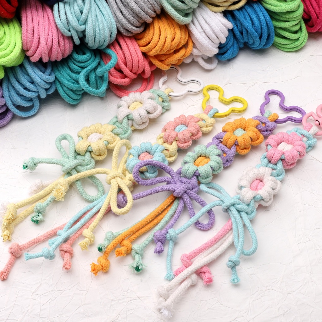 [4 มม.] พวงกุญแจเชือกเส้นเล็กถัก Core-spun ด้ายฝ้ายหนา DIY เชือกดอกไม้ถักด้วยมือ