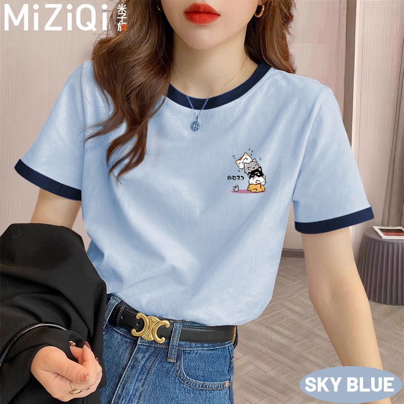 Miziqi เสื้อยืดแขนสั้น รอบคอมีลายพิมพ์สีสันสดใส สำหรับคนหนุ่มสาว สวมใส่สบายในฤดูร้อน