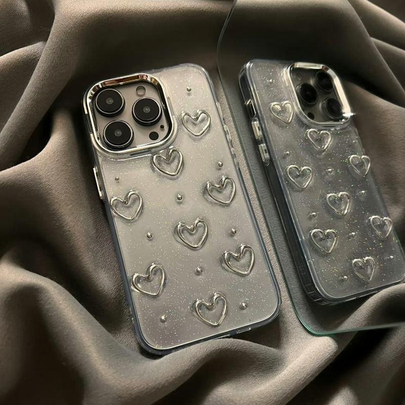 หรูหรา 3D Love Heart คริสตัลเงินหัวใจเคสโทรศัพท์สําหรับ  iPhone 16 Pro Max 15 14 13 12 Pro Max 11 Glitter อีพ็อกซี่ใสนุ่มกันกระแทก