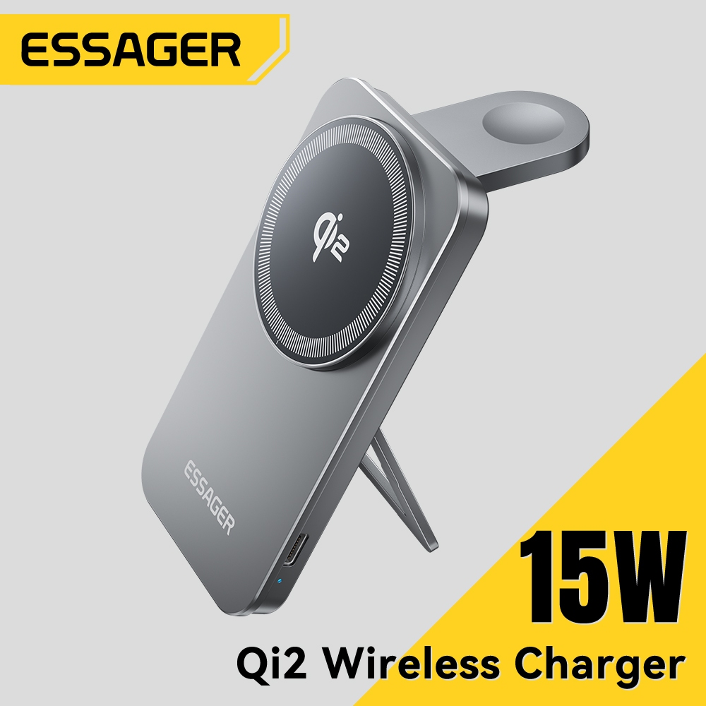 Essager 15W 2-in-1 Qi2 Wireless Chargers Desktop ขาตั้งแบบพับได้ Multi-function แบบพกพา Fast Charging อุปกรณ์ Charger สําหรับ iP 16-12 iP นาฬิกา