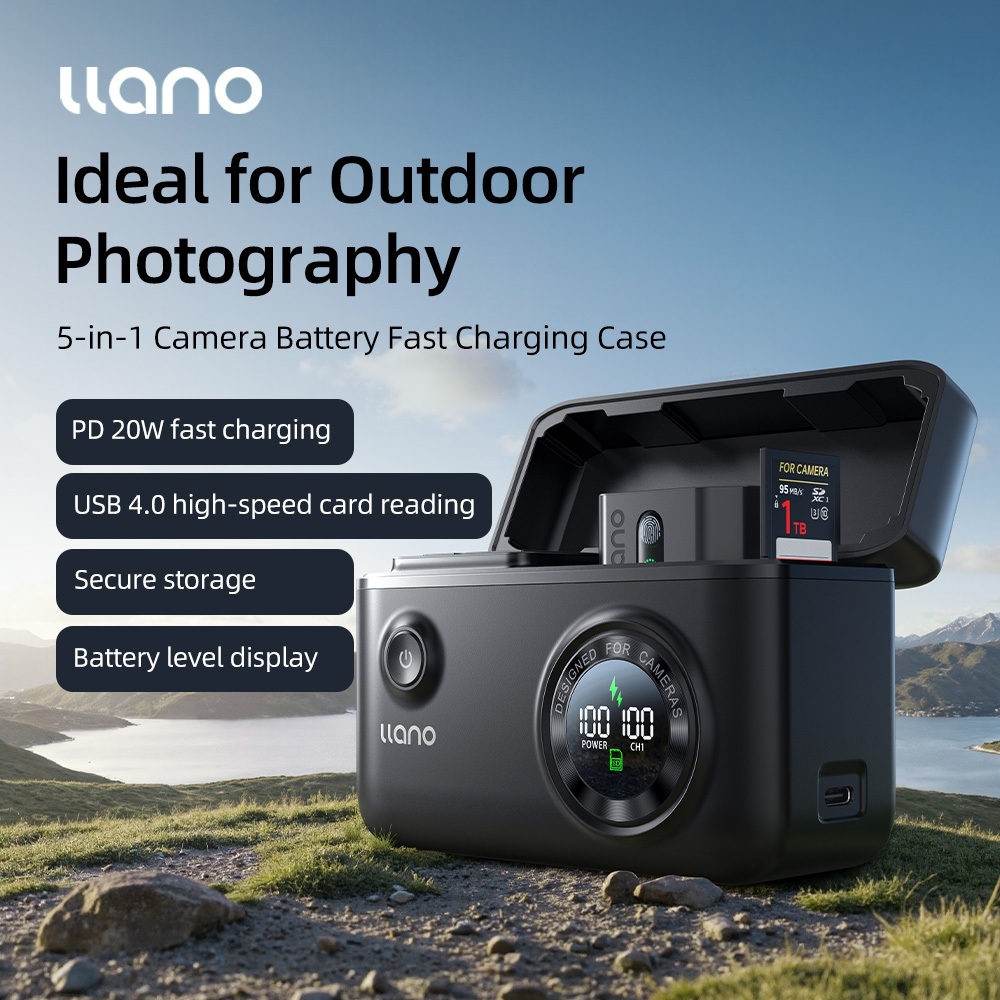 Llano CS2 PRO เครื่องชาร์จแบตเตอรี่กล้องมัลติฟังก์ชั่นชาร์จเร็ว | ที่เก็บของ | เครื่องอ่านการ์ดเข้าก