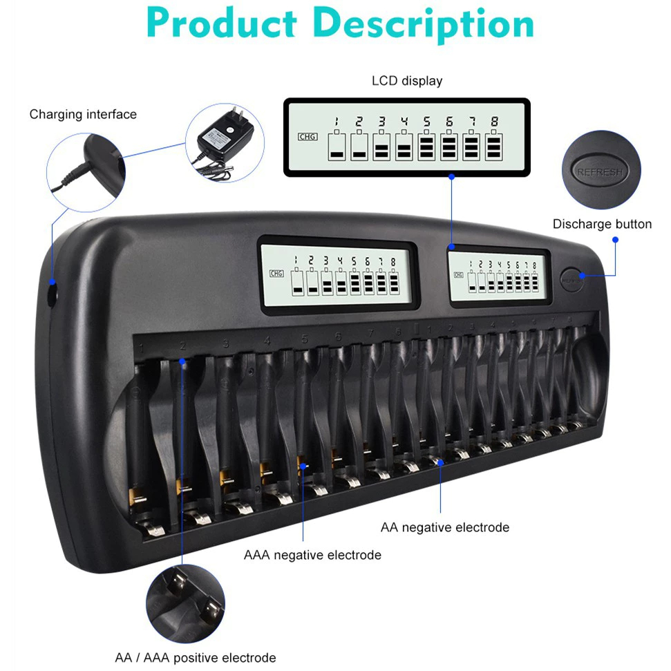 PALO ชาร์จ Battery16 ช่อง AA แบตเตอรี่ Charger Fast Charging AAA สมาร์ท LCD Charger สําหรับ 1.2V 2A 