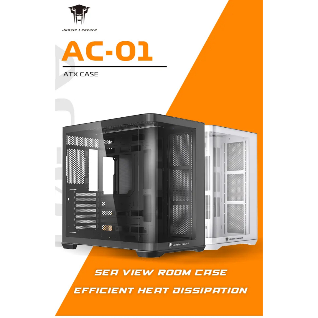 Jungle Leopard AC-01 ATX PC Case สีดําสีขาวโค้งแก้ว โครงสร้างเข้าคู่