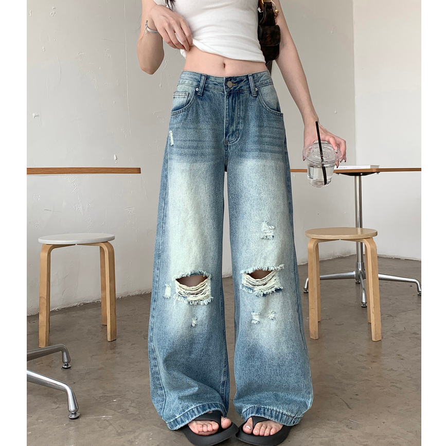 Laterme S-6XL กางเกงยีนส์ผู้หญิงเอวสูง เอวกลวงฉีก ขากระบอกใหญ่ขัดขาดหัวเขา วินเทจ