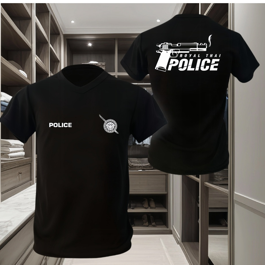 อินเทรนด์ Royal Thai POLICE POLICE-9 Culture เสื้อยืดสีขาวคอวีแขนสั้นรูปแบบตํารวจเฉพาะสวมใส่ทุกวันบุคลิกภาพ First Choice วัฒนธรรมอินเทรนด์ Creative Design Art Tex