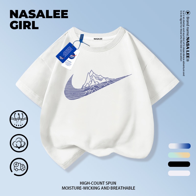 【ของพร้อมส่ง】เสื้อยืดเด็ก NASA สีดำ ผ้าฝ้ายพรีเมียม แบรนด์เนมสไตล์อเมริกัน สำหรับเด็กชาย-เด็กหญิง ดีไซน์แฟชั่นหลวมๆ