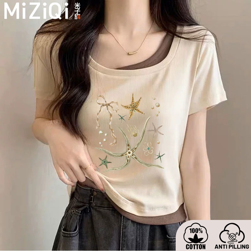 เสื้อยืดแขนสั้น ฤดูร้อน สีคมชัด สองชิ้น คอสี่เหลี่ยม การพิมพ์สร้างสรรค์