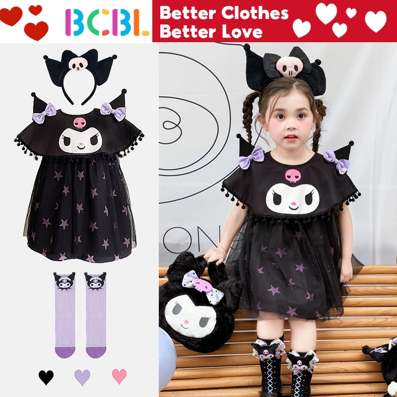 Bcbl เด็กผู้หญิง Kuromi ชุดสีม่วงแขนสั้นชุดแฟชั่น Tutu ชุดสําหรับสาว Sanrio Kuromi ชุดเด็ก