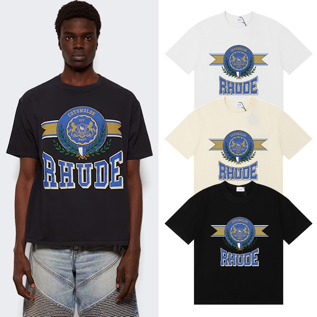 ❤️🆕 เสื้อยืดแขนสั้นลําลองผ้าฝ้ายคุณภาพสูง Rhude สําหรับผู้ชายและผู้หญิง