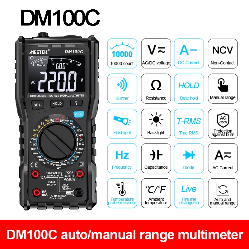 Mestek Smart Digital Multimeter Manual/อัตโนมัติมัลติมิเตอร ์ อุณหภูมิ Probe วัดสามวัตถุประสงค ์ หน ้ าจอ HD 9999 จอแสดงผลดิจิตอล NCV Non-Contact การวัดอัตโนมัติ High Precision Meter การวัดอัตโนมัติ Backlight ไฟฉาย One-Click Operation Voltmeter Om