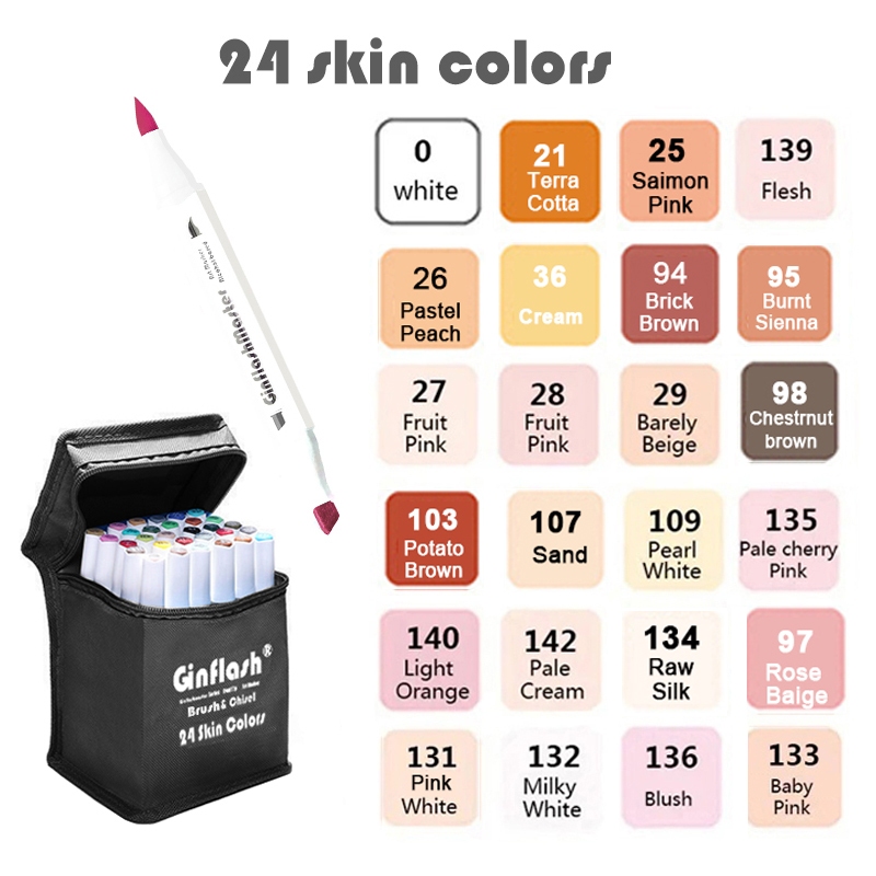 Ginflash 24 Skin Tone Brush & Chisel Tip Art Marker ปากกาแปรงปากกา Sketch แอลกอฮอล์ตามเครื่องหมาย Dual เคล็ดลับมังงะวาดการ์ตูน Designer Art Supplies