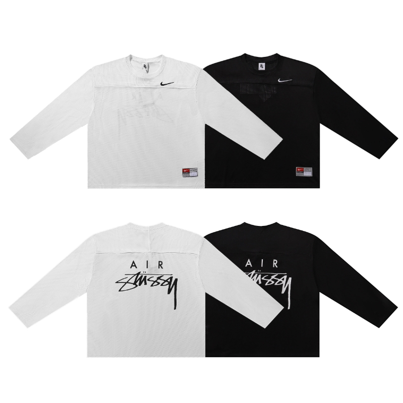 เสื้อยืดแขนยาวตาข่ายสำหรับกีฬา ทรงหลวม พิมพ์ลายปักใหม่
