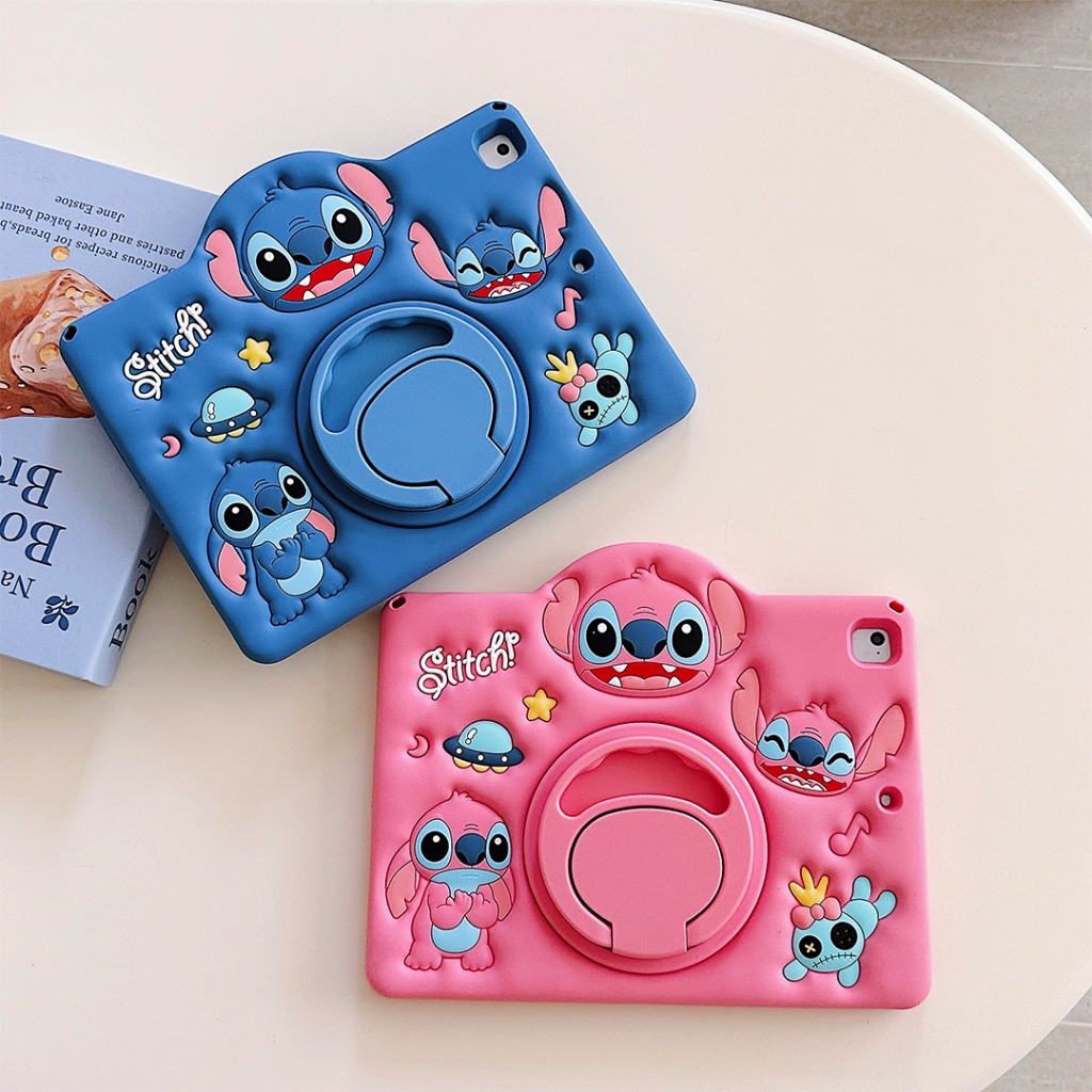 Stitch เคส iPad 11th Gen A16 10th Gen 10.9 9th 8th 7th Gen 10.2 Air 11 นิ้ว m2 m3 5th 6th 9.7 2018 Air 10.5 Mini 1 2 3 4 5 6 7 8.3 Pro 11 น่ารักซิลิคอนขาตั้งกลมป้องกันเต็ม เคส